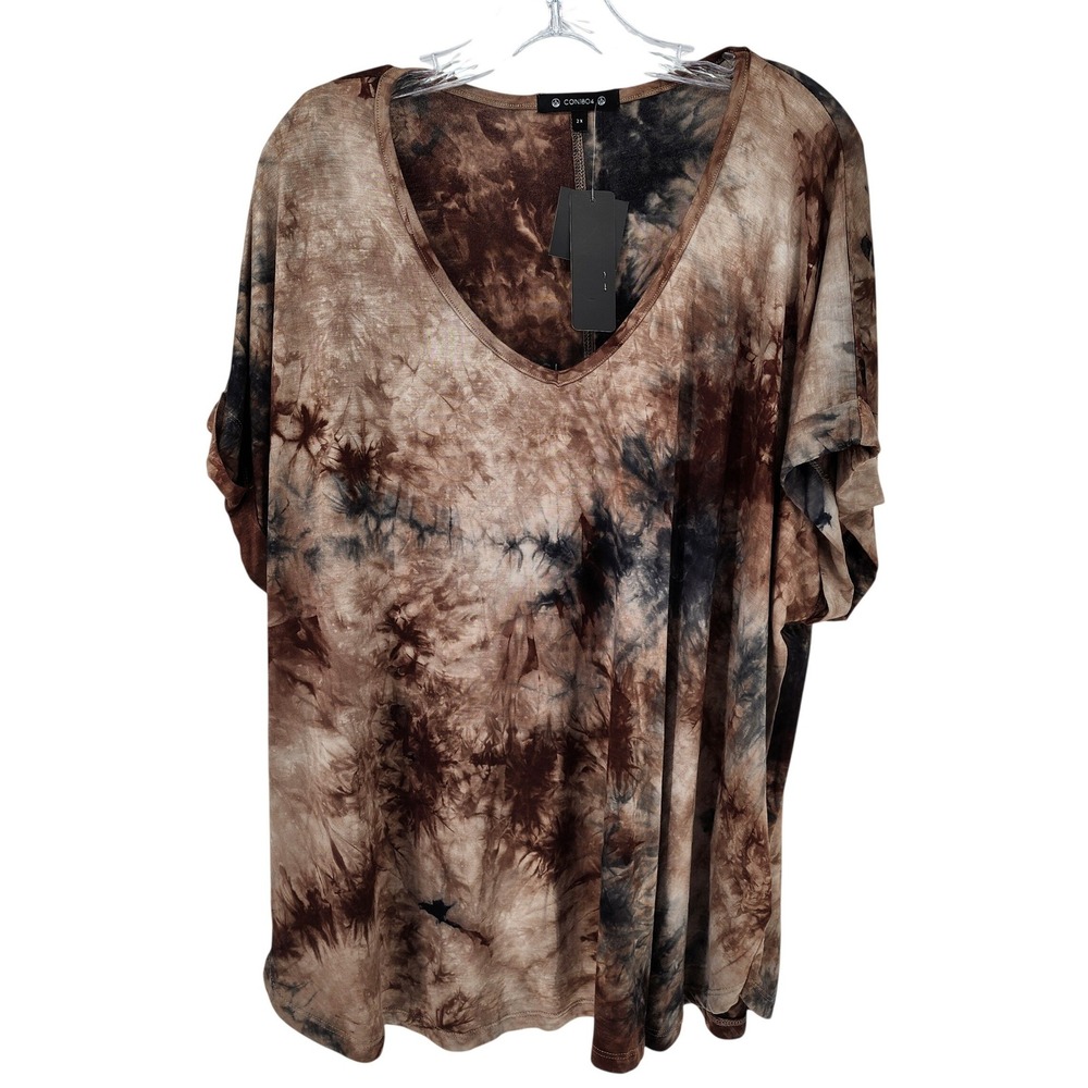 Coin 1804 Women 2X Brown Tie Dye V-Neck Short Sleeve Tunic Top Relaxed Fit NEW